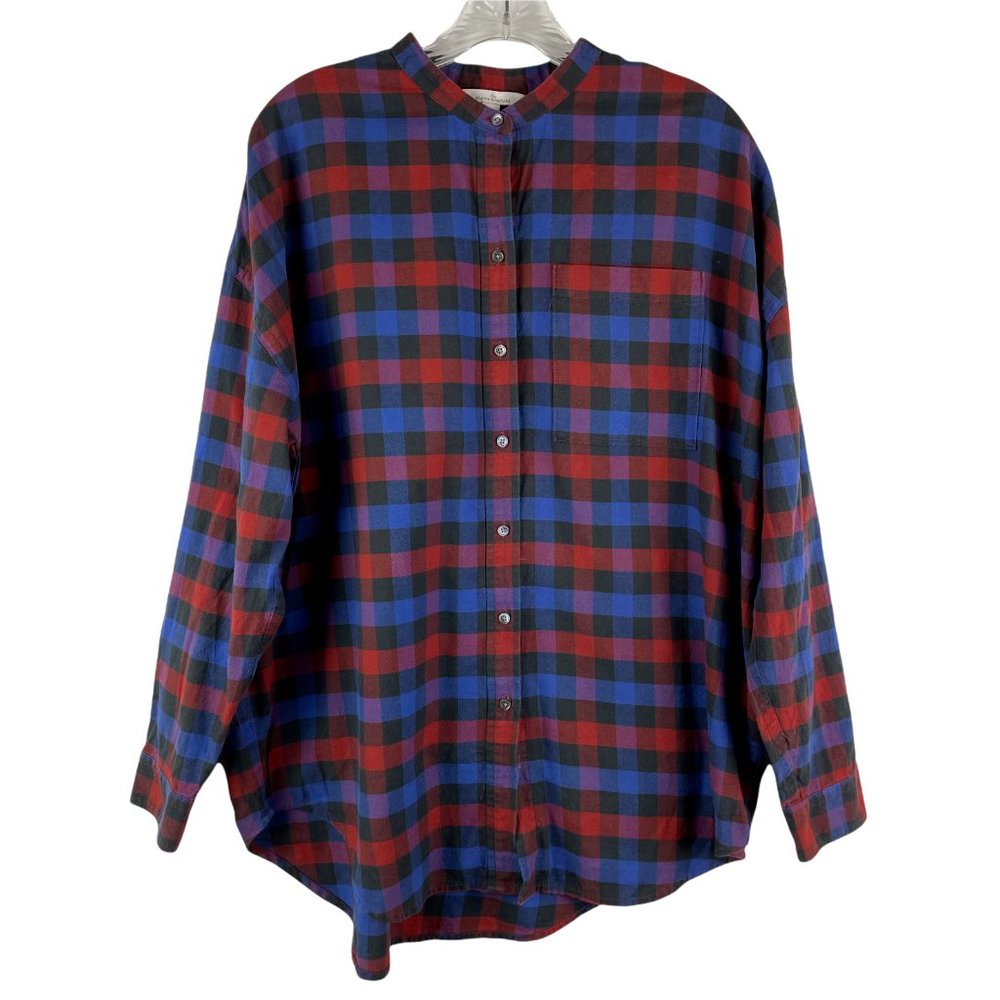LL Bean Signature Top Button Up Flannel Lightweight Blue Red